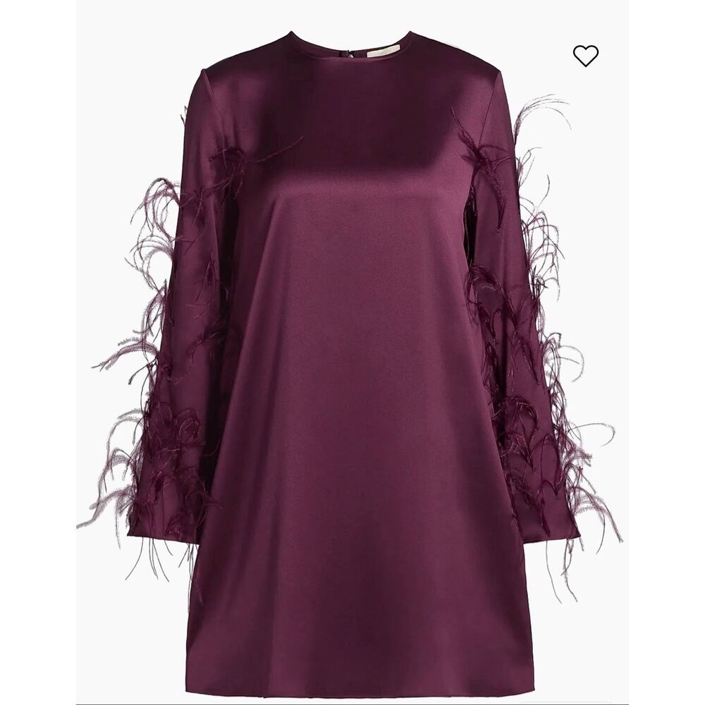 LaPointe Satin Mini Dress with Ostrich Feathers in Mulberry NWT Size Medium